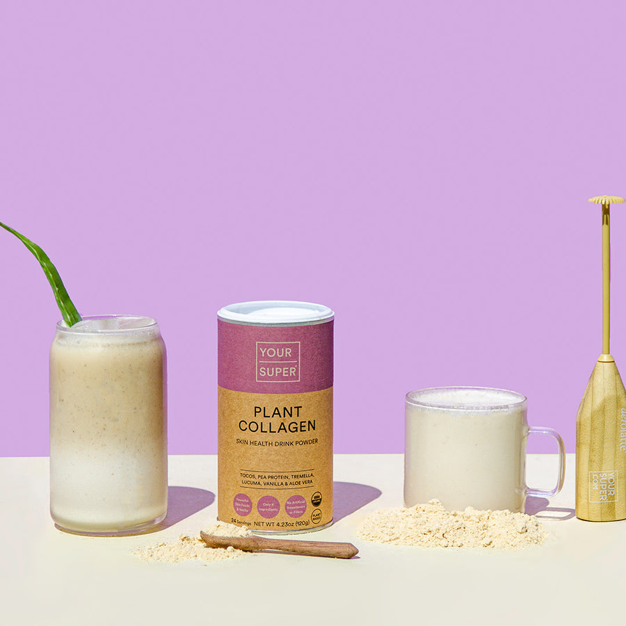 Plant Collagen can, smoothie, latte, and the Your Super frother